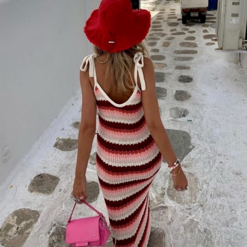 Zara Red, Pink and White Striped Backless Crochet Maxi Dress